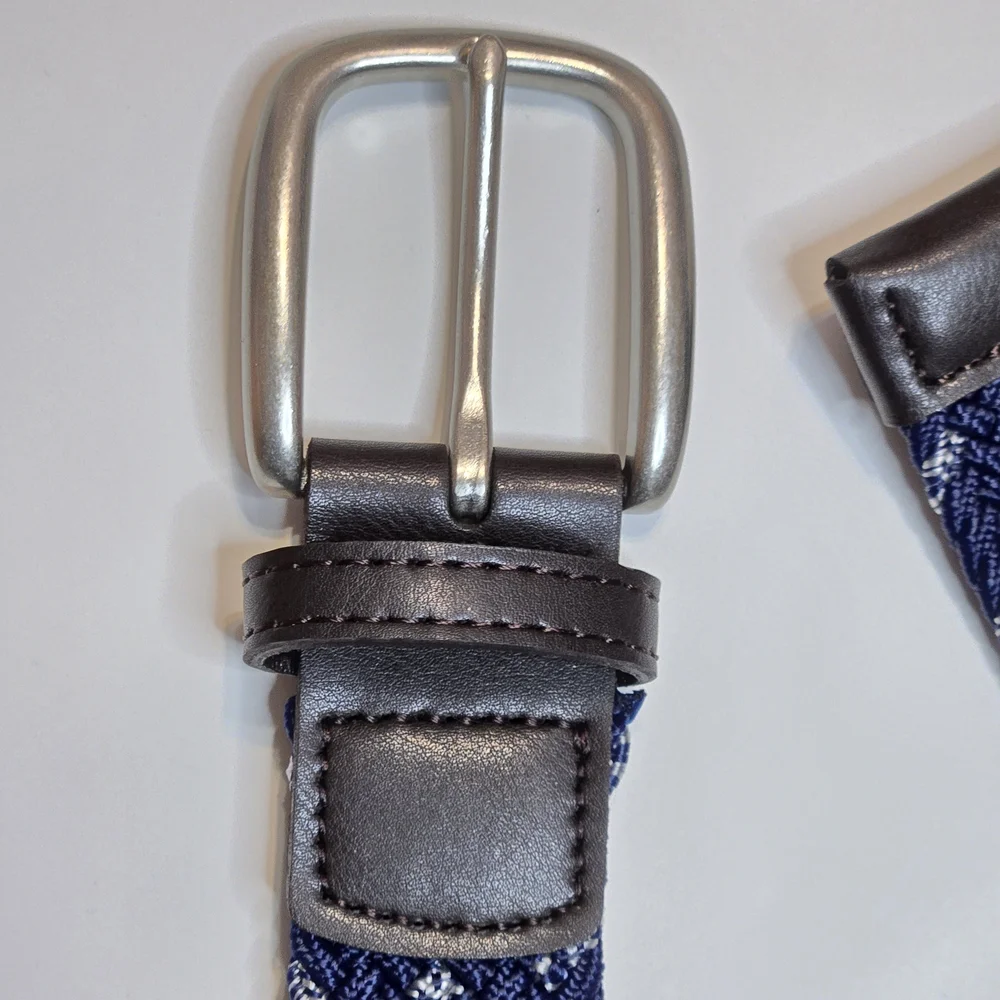 Stylish Woven Knit Navy Blue, White and Brown Men's Belt Stretch Braided Elastic